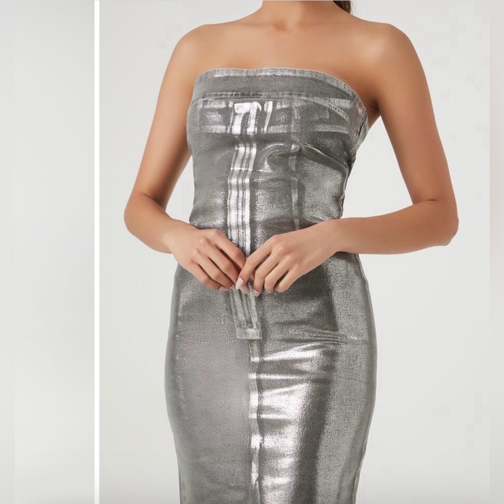 Silver Strapless Metallic Denim Midi Tube Dress